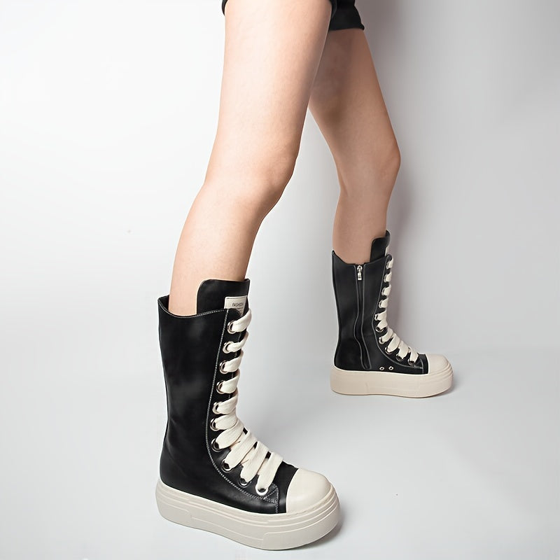 Women's Knee High Boots Solid Color Round Toe Platform Lace-Up Boots