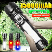15000mAh Rechargeable LED Flashlight with High Brightness Long Range Camping Lantern Phone Charging
