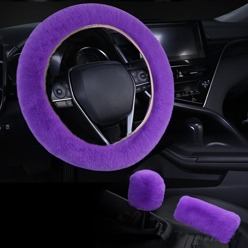 3pcs Winter Fur Plush Steering Wheel Covers Handbrake Gear Shift Fluffy Car SUV