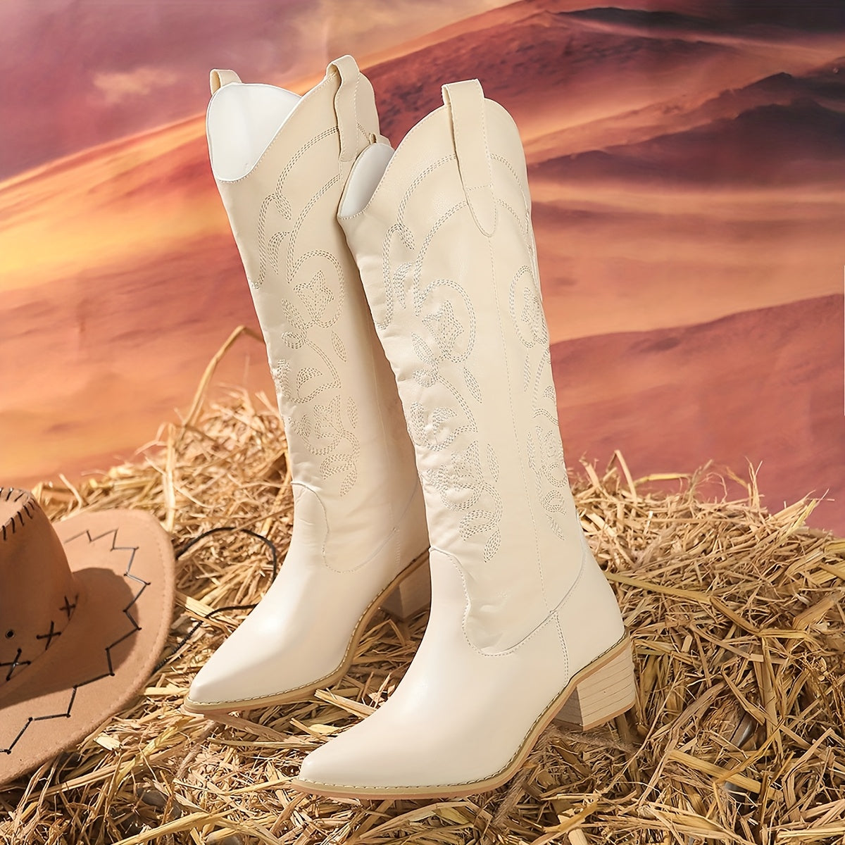 Women's Vintage Western Embroidered Cowboy Boots Pointed Toe Mid-Heel
