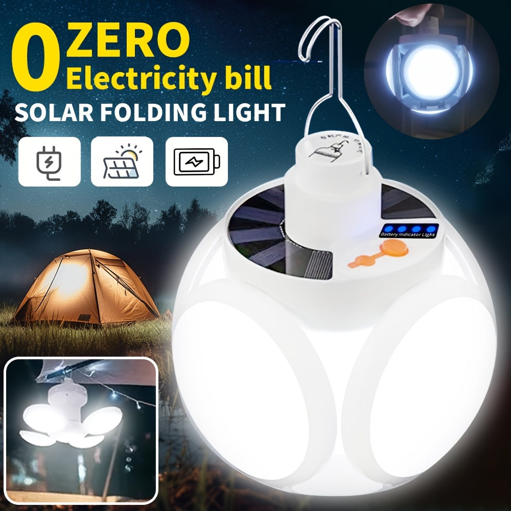Portable Solar LED Camping Light with Hook Rechargeable USB Foldable Emergency Lantern