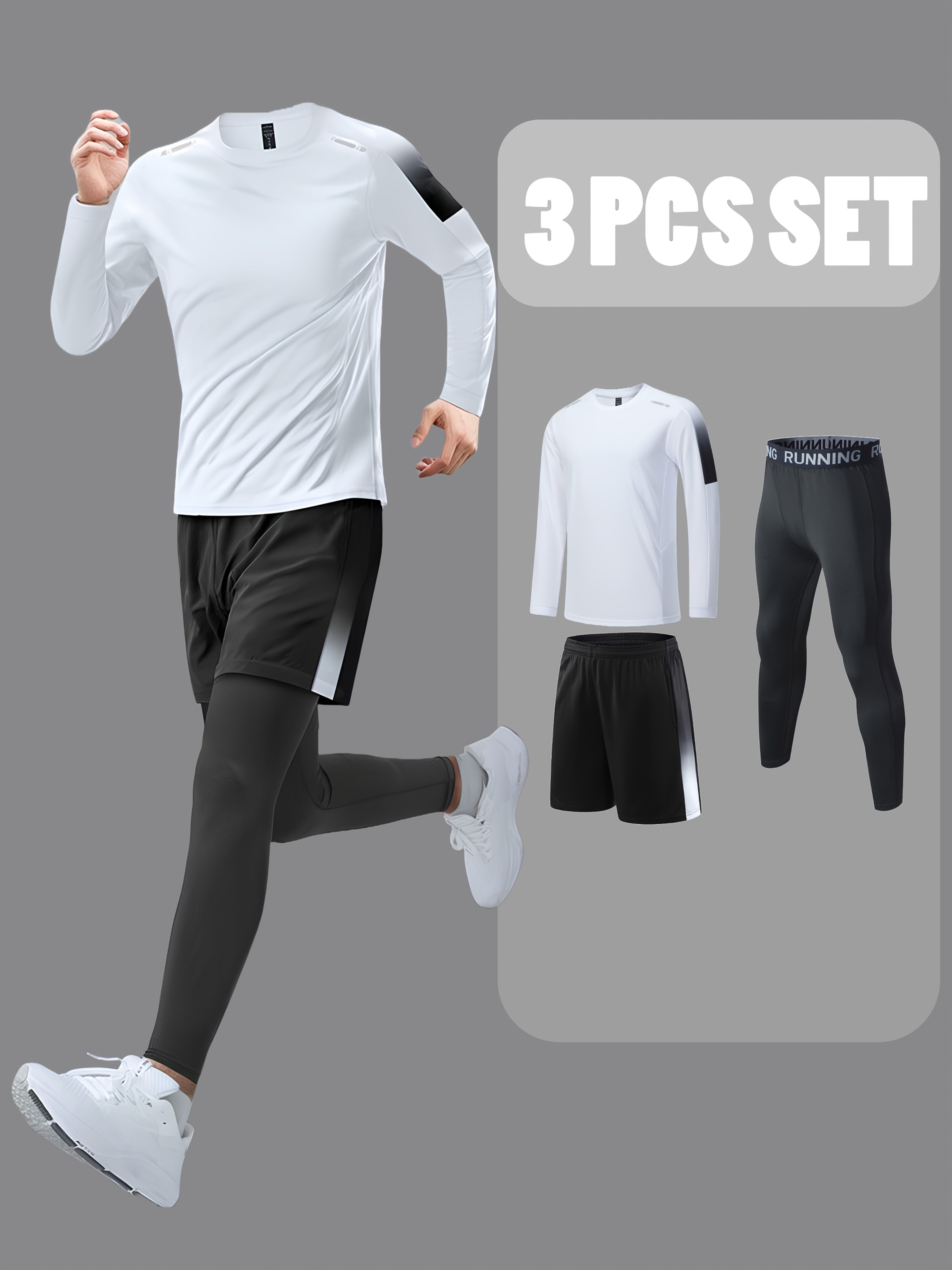 Men's 3-Piece Sports Fitness Suit Breathable Quick-Drying Polyester for Hiking Jogging Cycling