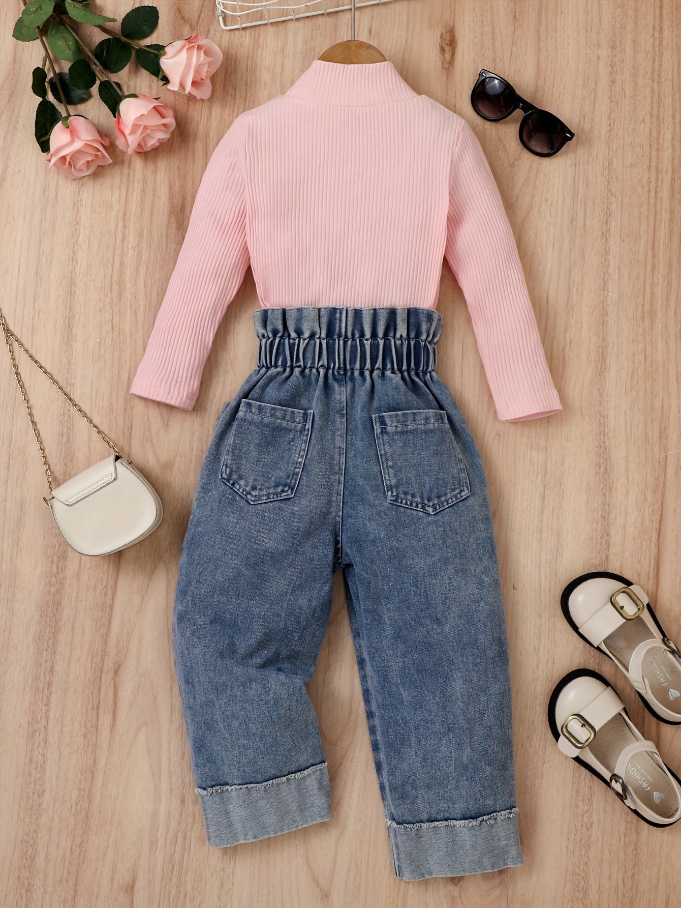Girls Cotton Denim Pantsuit with Striped Long Sleeve Top and Straight Hem