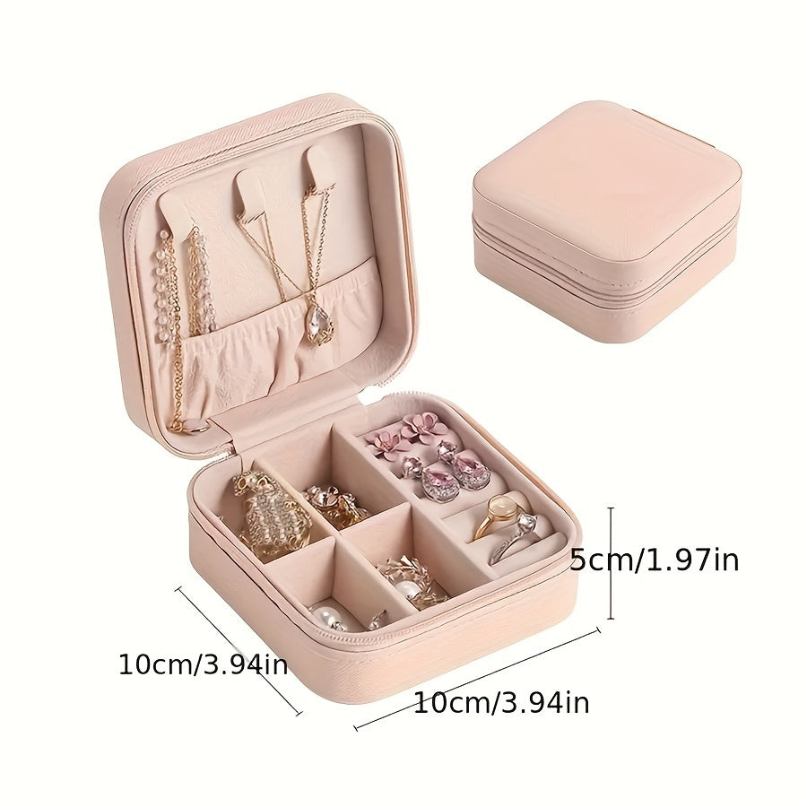 Organizador portátil de cuero para joyas con caja de almacenamiento con cremallera para anillos y collares