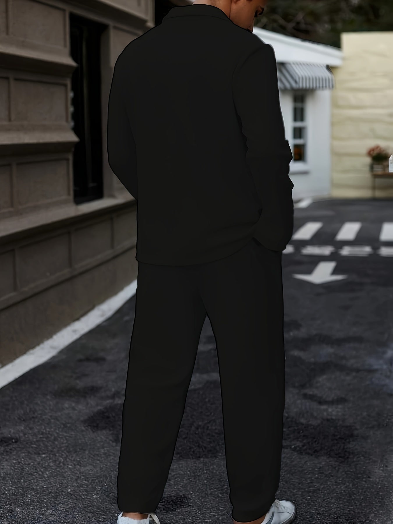 Men's Solid Color Long Sleeve Sports Suit with Zipper Jacket and Pants for Outdoor Activities