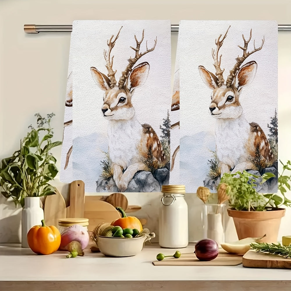Set of 2 Ultra Soft Kitchen Towels Rustic Jackalope Design 40x60cm Absorbent