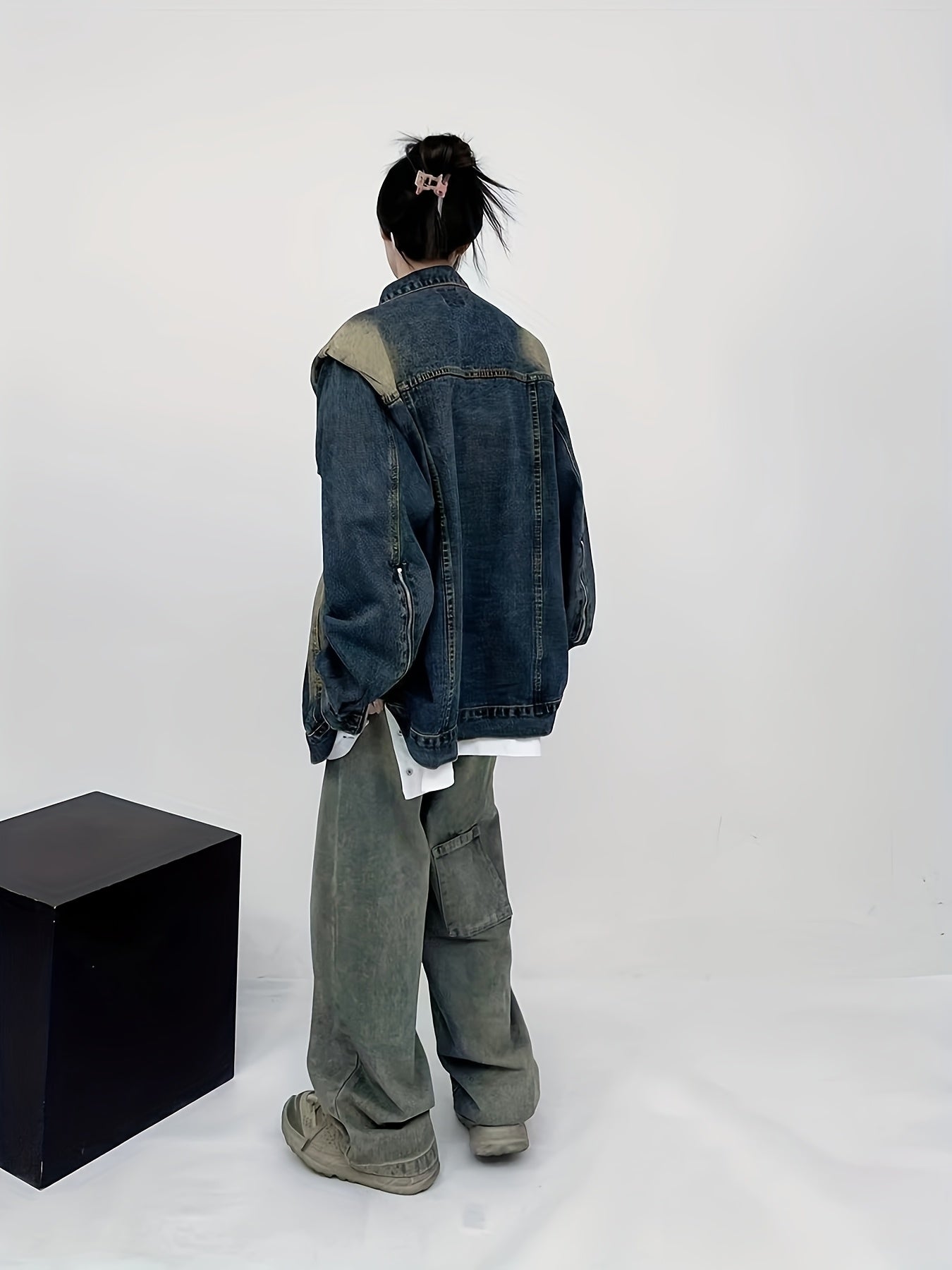 Women's Denim Jacket with Shoulder Pads Loose Fit Washed Blue Casual Outerwear