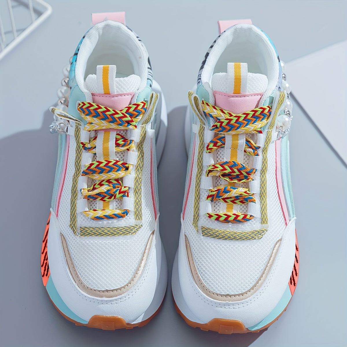 Women’s Fashion Sneakers with Colorful Laces and Bead Embellishments