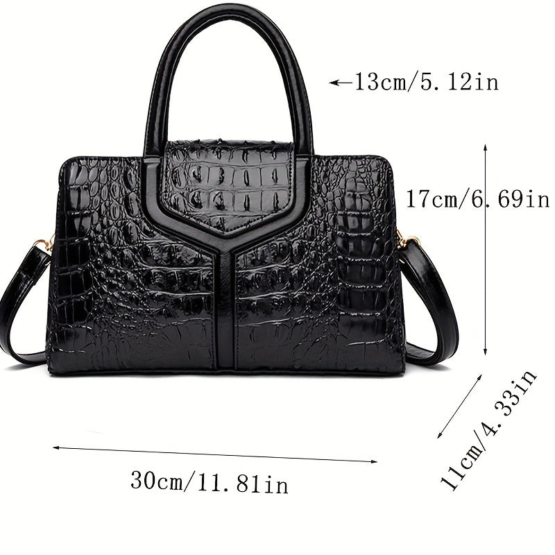 Стильная женская сумка с тиснением под крокодила черного цвета с зелеными акцентами, имеющая универсальный дизайн для ношения через плечо и на плече, изготовленная из прочного PU-материала.