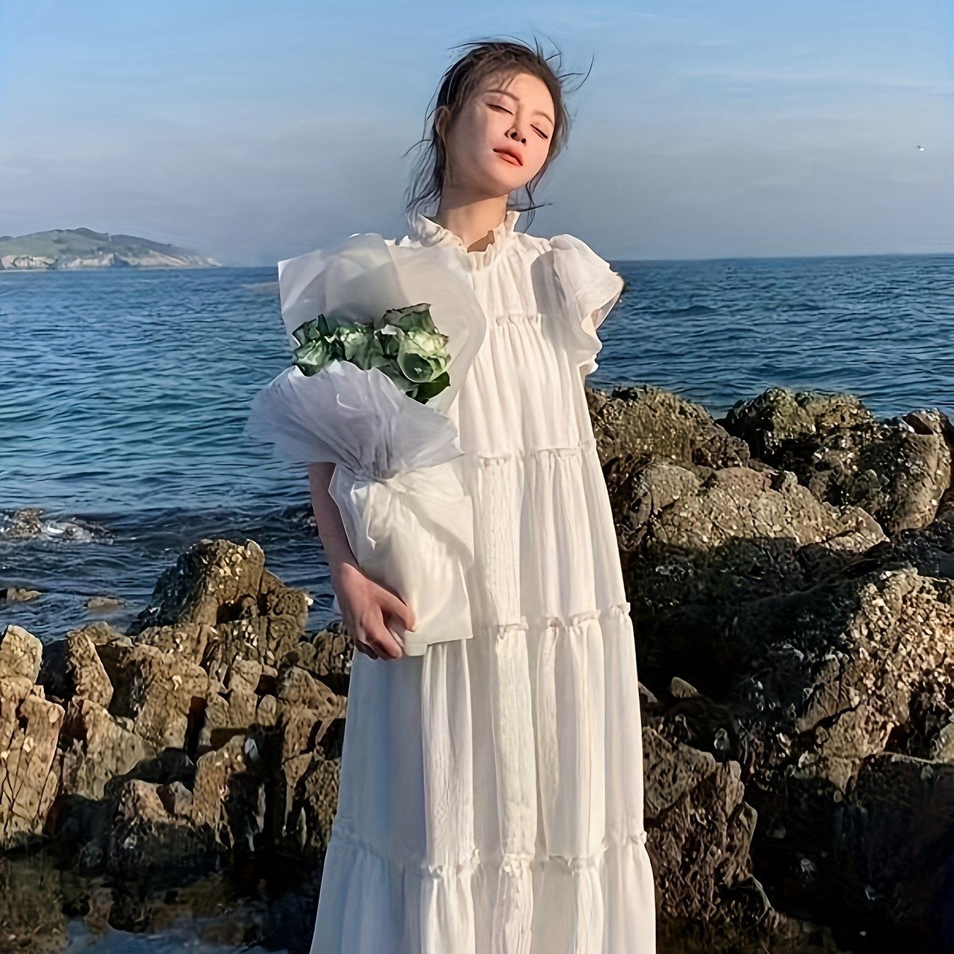 Women's Maxi Dress Summer 2025 French Style Loose Fit Bubble Skirt Flutter Sleeves Polyester