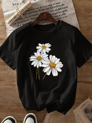 Women's Cotton Short Sleeve T-Shirt Black White Daisy Print Casual Top