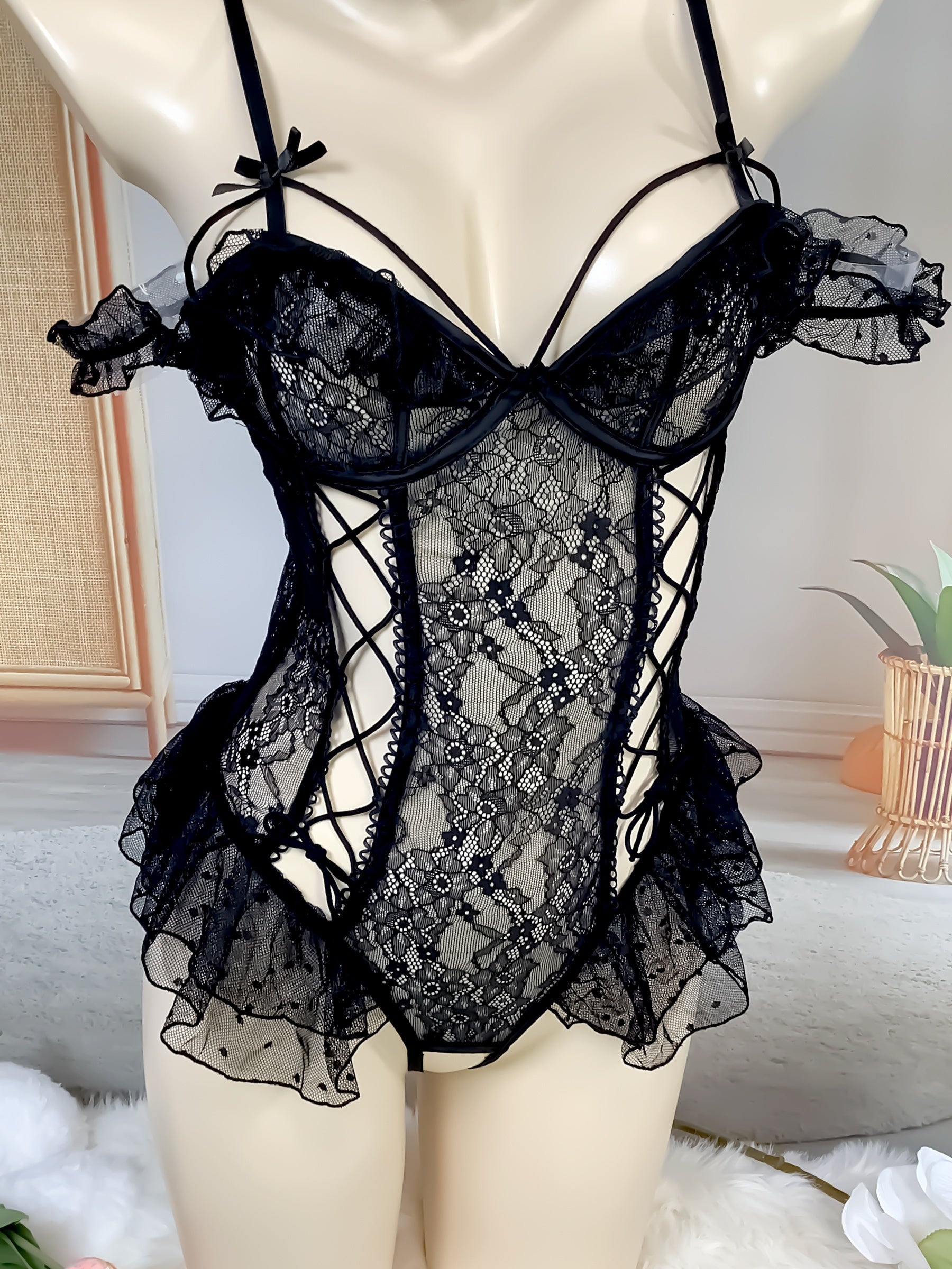 Women's Black Sleek Shoulder Strap Bodysuit Lingerie Top