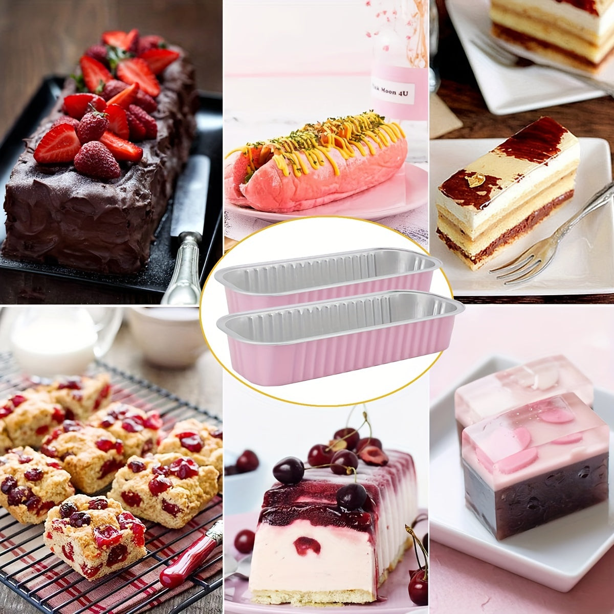 Set of 10 Aluminum Foil Mini Loaf Pans with Transparent Lids for Baking Cakes and Cupcakes in Black Pink and Gold