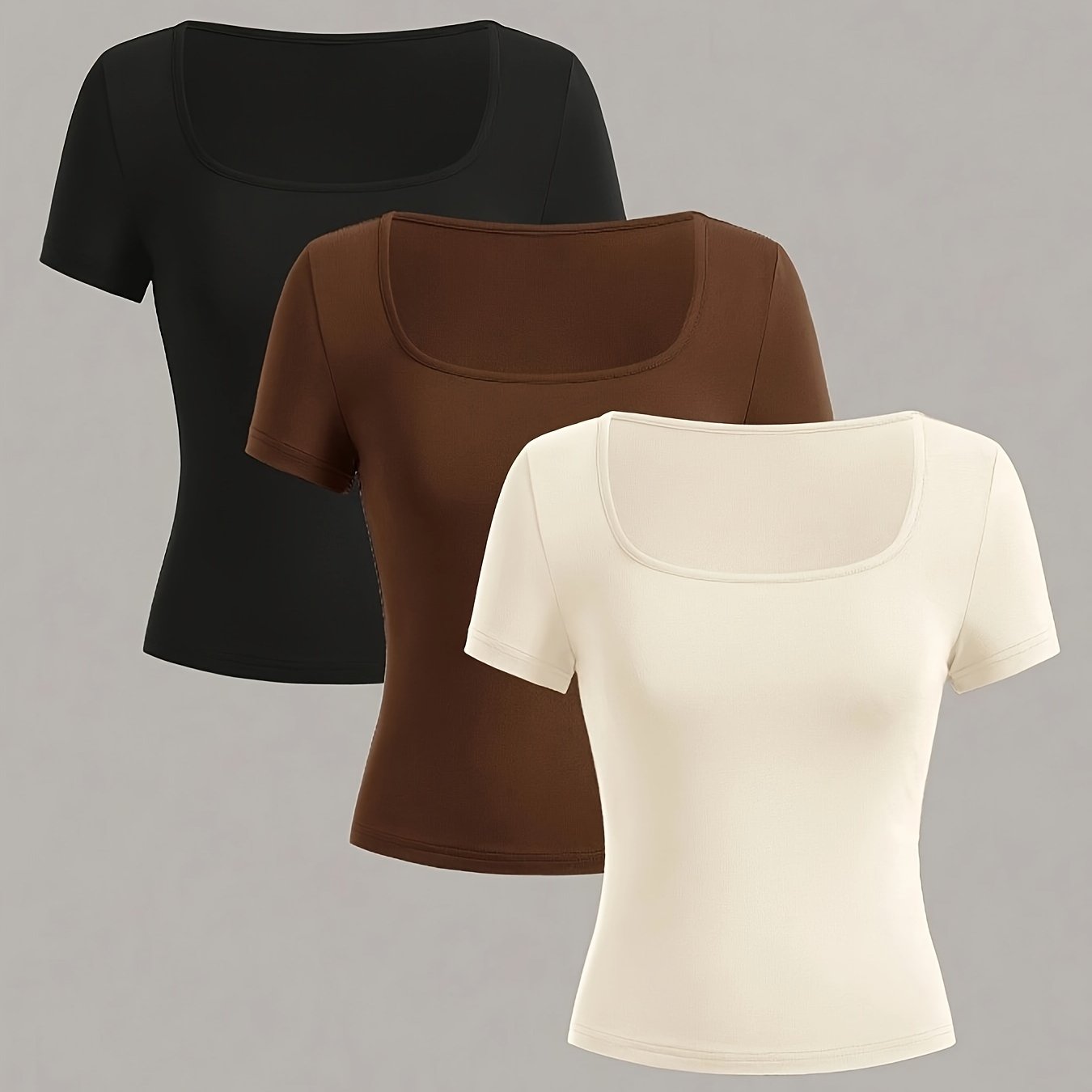 Set of 3 Women's Square Neck Short Sleeve T-Shirts Casual Sporty Polyester Black White Red