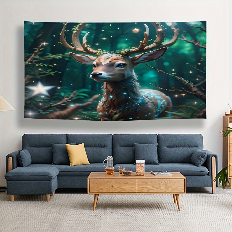 Deer Tapestry Wall Art for Nursery and Playroom Starry Antlers Polyester Decor