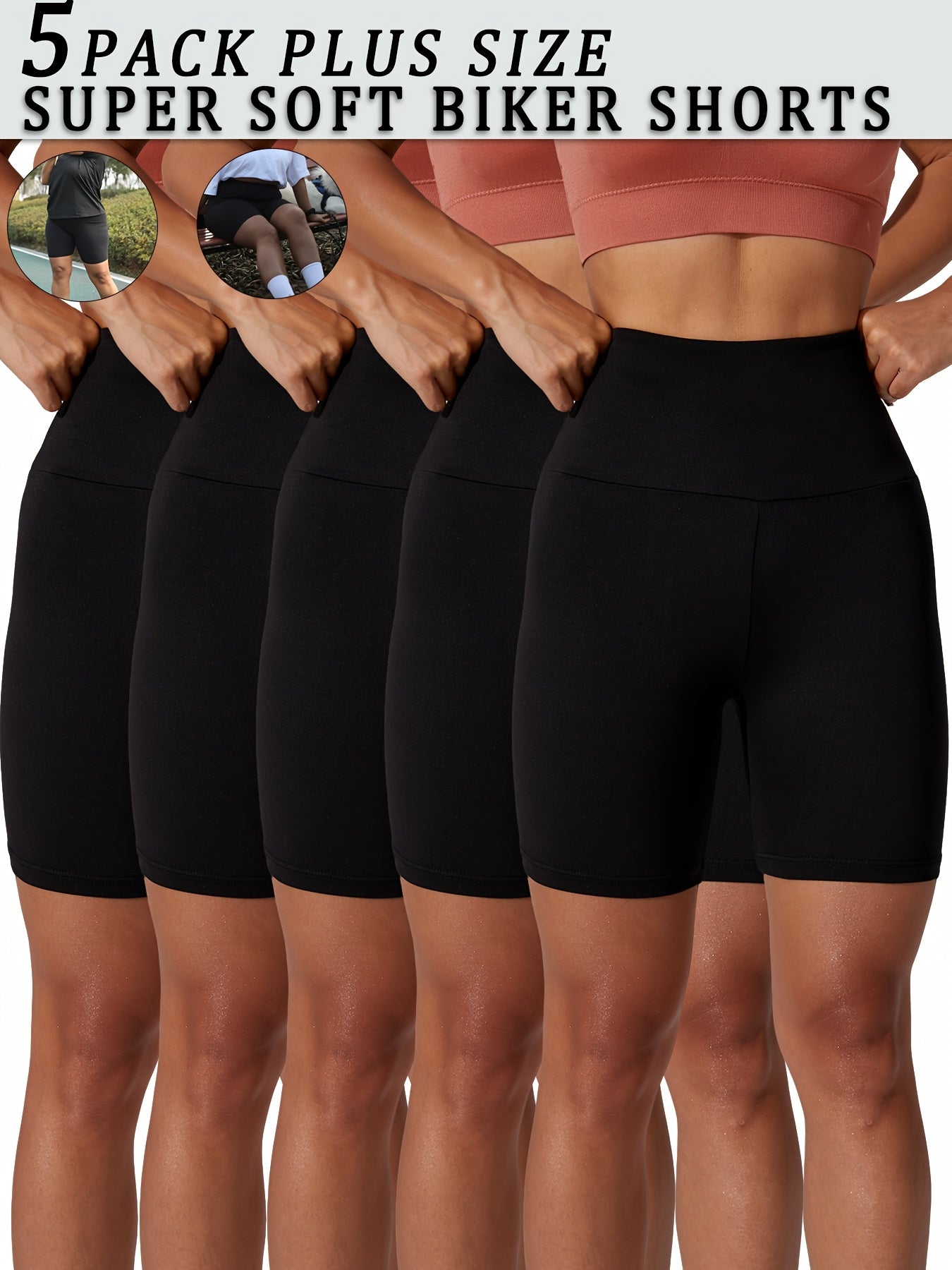 Plus Size Women's Biker Shorts High Waist Soft Solid Color Workout Yoga Athletic 5 Pack