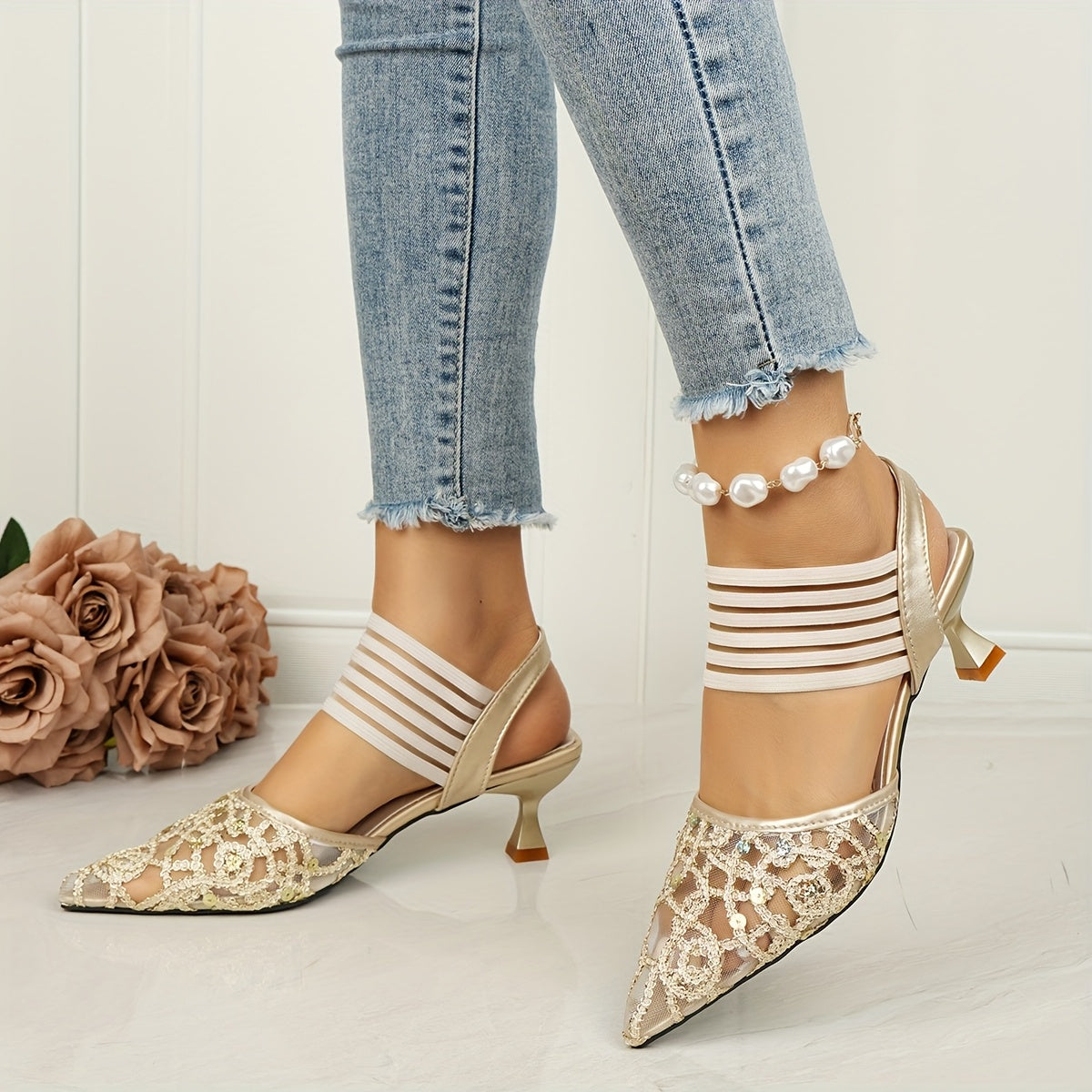 Women Lace-Up Pointed Toe High Heels with Sequin Embellishments