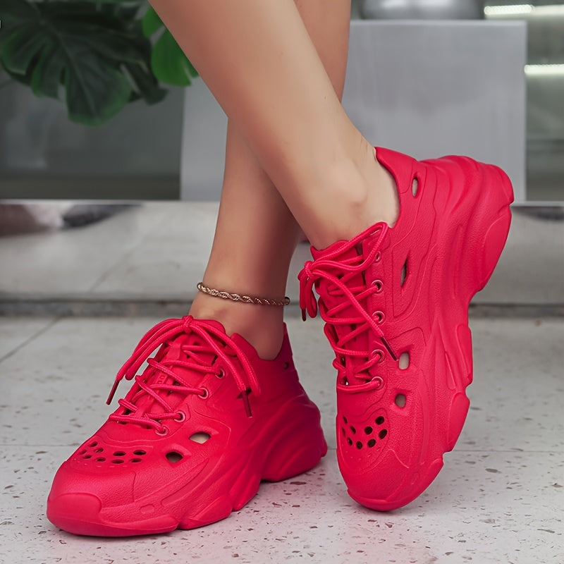 Women's Solid Color Platform Clogs Casual Hollow Out Lace Up Shoes
