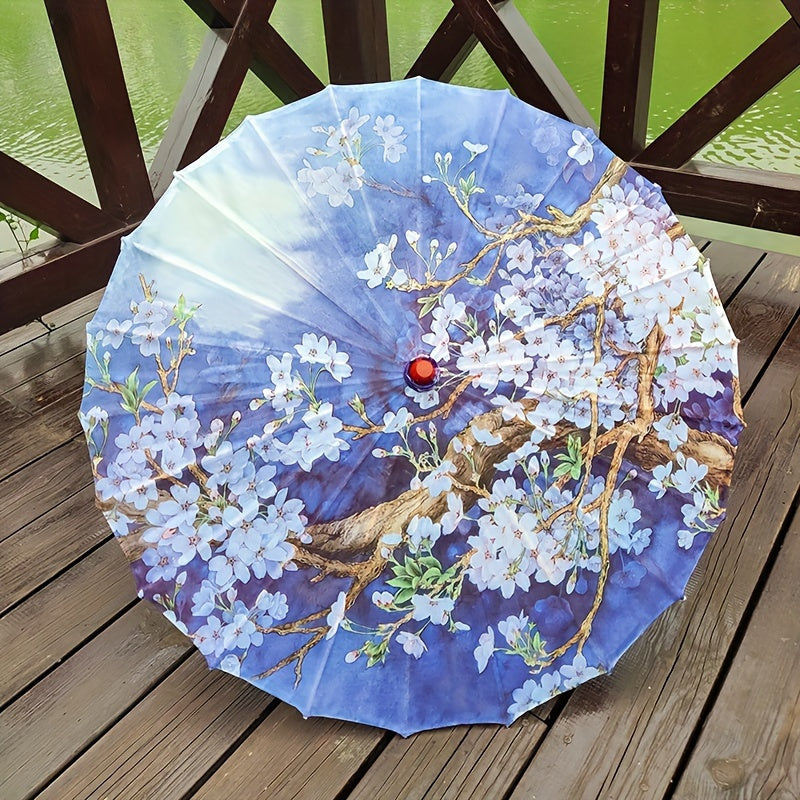 Chinese Cherry Blossom Parasol Umbrella with Bamboo Handle for Sun Rain Protection Weddings Parties