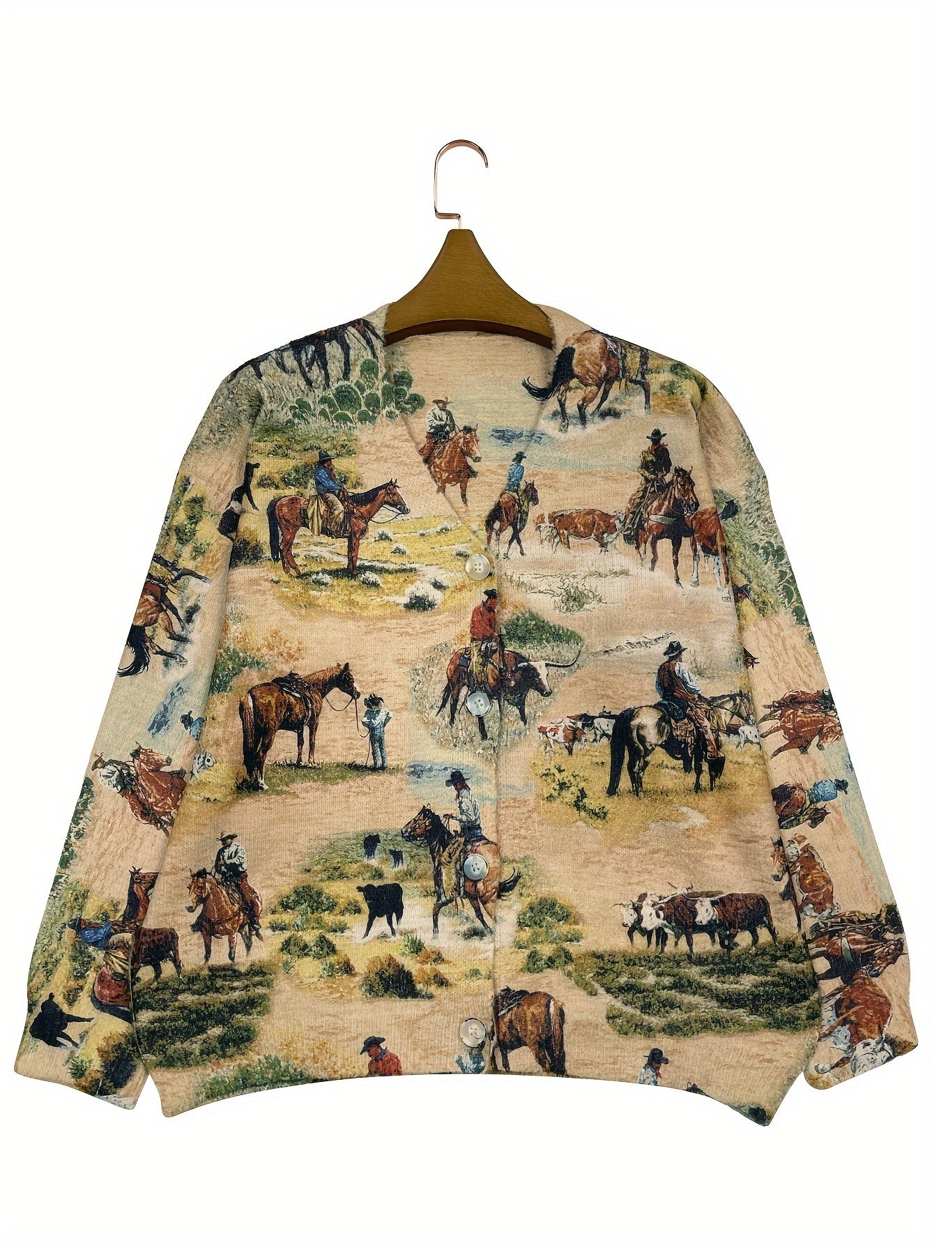Women's Oversized Knit Cardigan with Horse Riding Print V-Neck Long Sleeve
