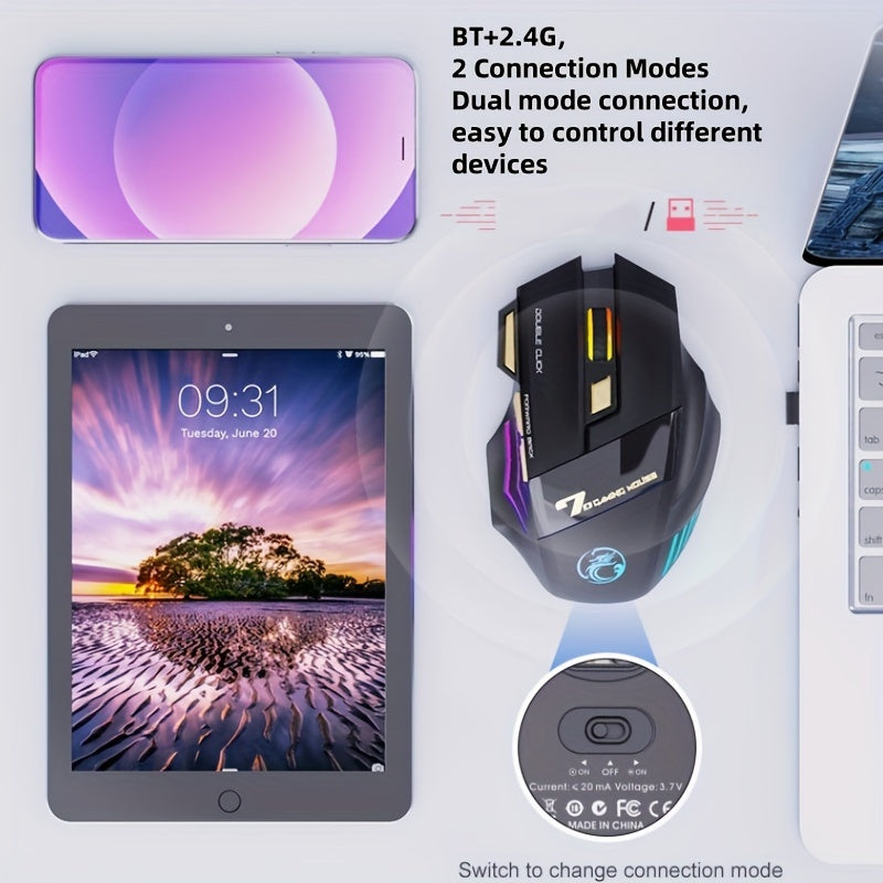 MCPIWOHY Игровая мышь: 2.4G Беспроводная, RGB Подсветка, 7 Кнопок, Перезаряжаемая Батарея, Type-C Зарядка, 7200 DPI, Для Правшей, Windows 10, Ноутбук Беспроводной.