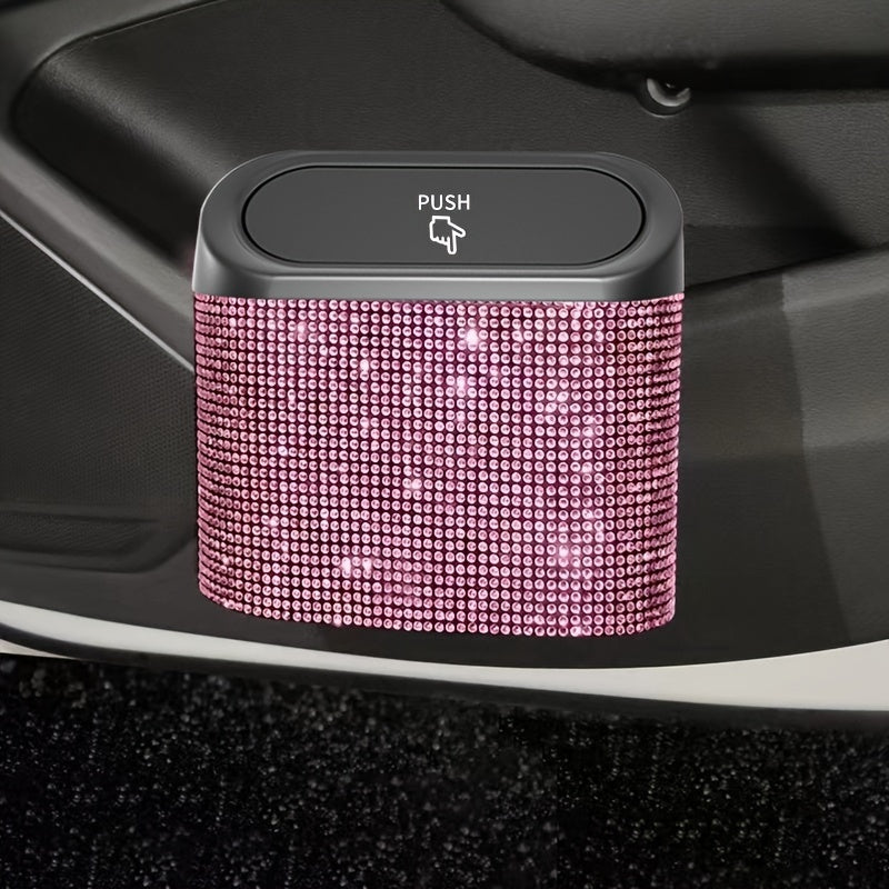 Car Interior Hanging Trash Can with Artificial Rhinestone Inlay Multi-Functional Storage