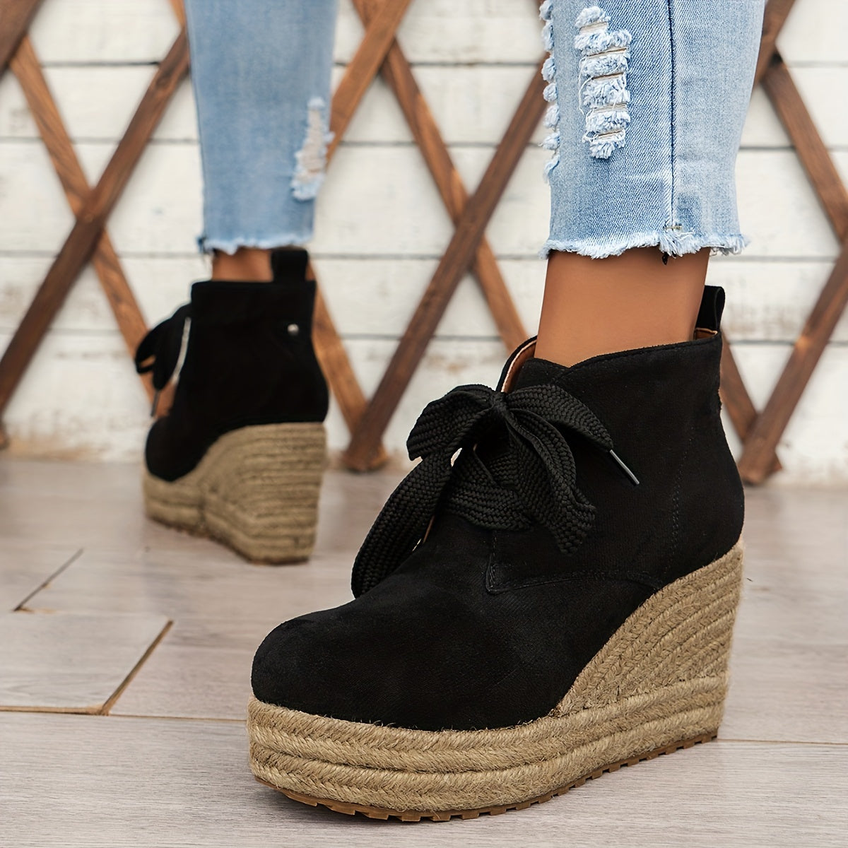 Women's Linen Wedge Ankle Boots Casual Solid Color Lace-Up Platform Shoes