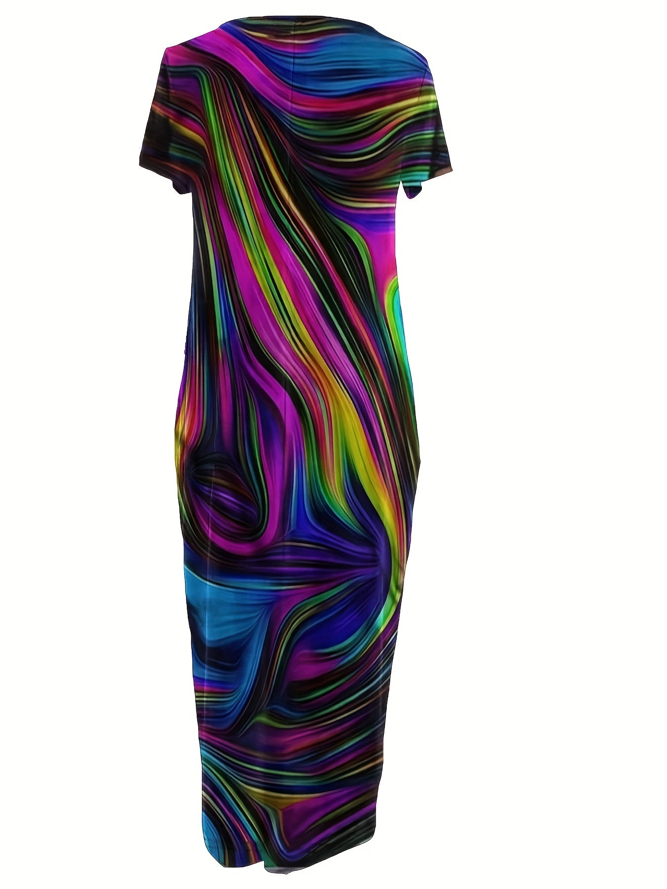 Платье-макси с геометрическим принтом для полных, полиэстеровое трикотажное, повседневное, свободного кроя, с карманами, для всех сезонов