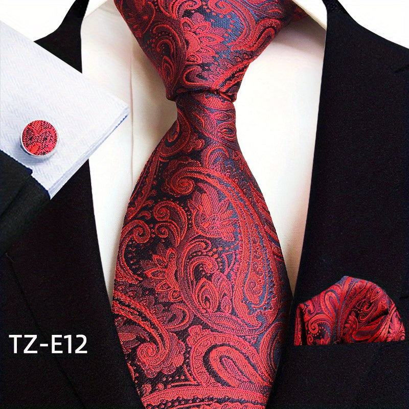 Set of 3 Paisley Jacquard Woven Neckties with Cufflinks and Pocket Squares for Men