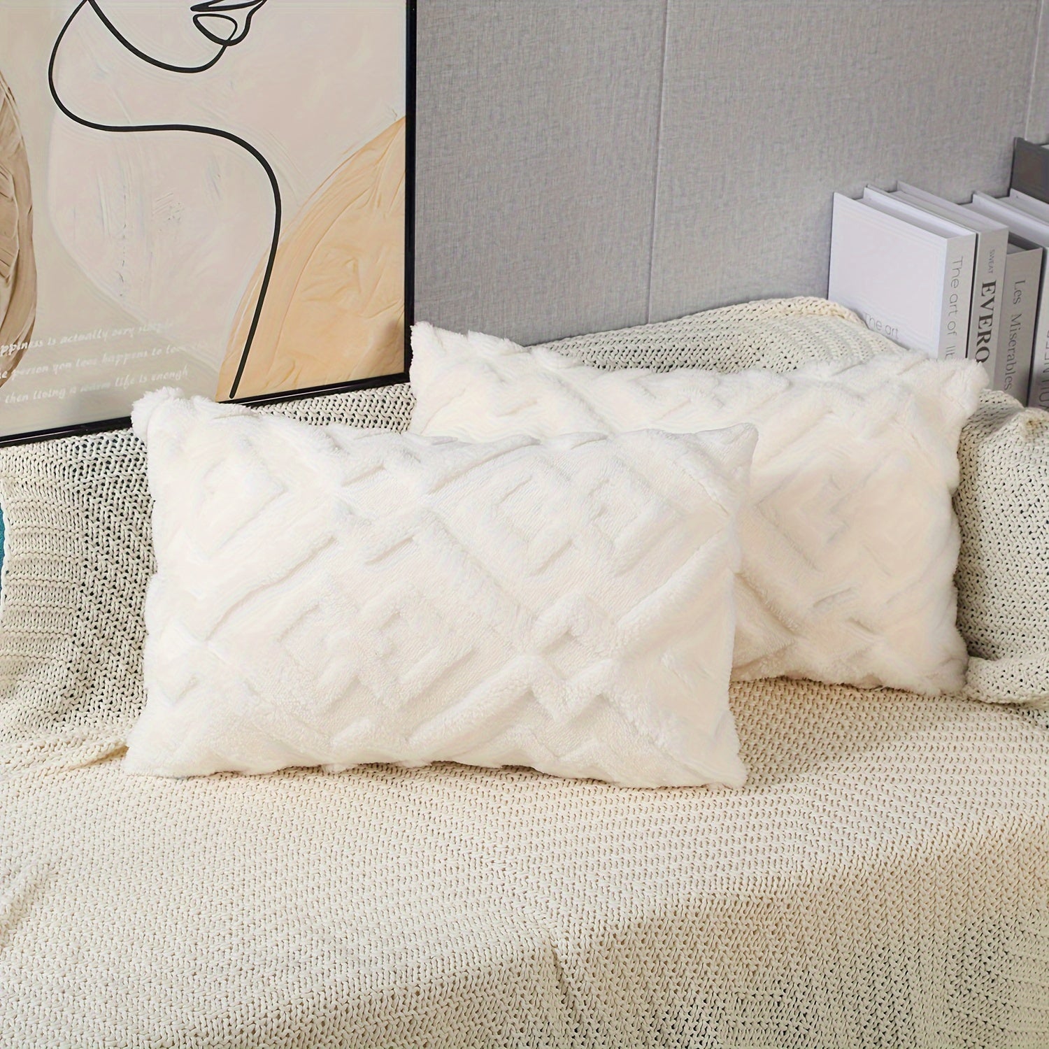 Plush Faux Wool Velvet Pillow Cover Cream Beige Geometric Zippered Decor