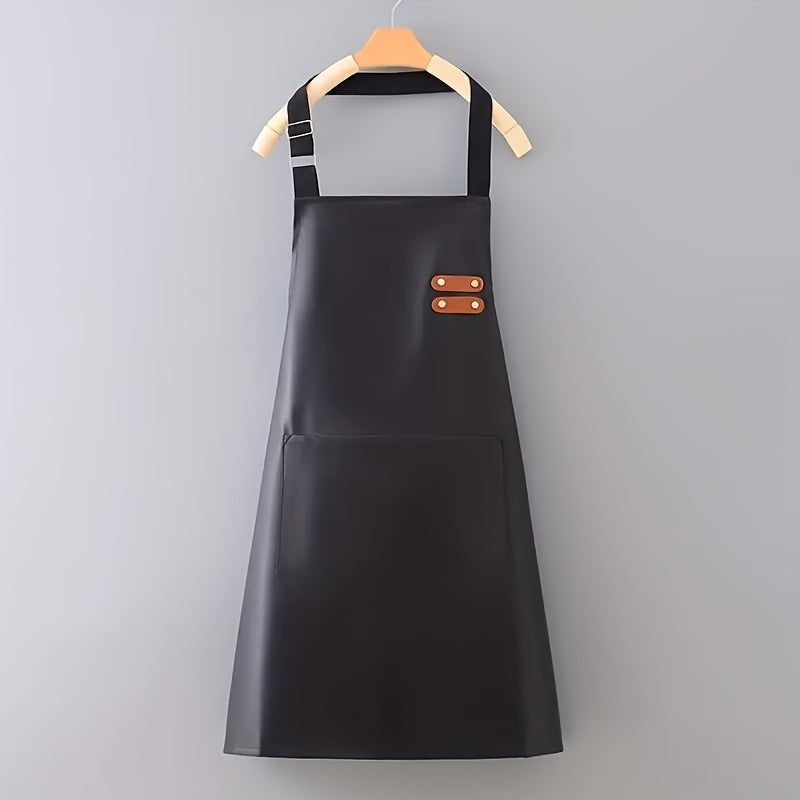 Faux Leather Polyester Apron Waterproof Oil-Proof Adjustable Neck Pocket for Cooking BBQ Barber Black Red