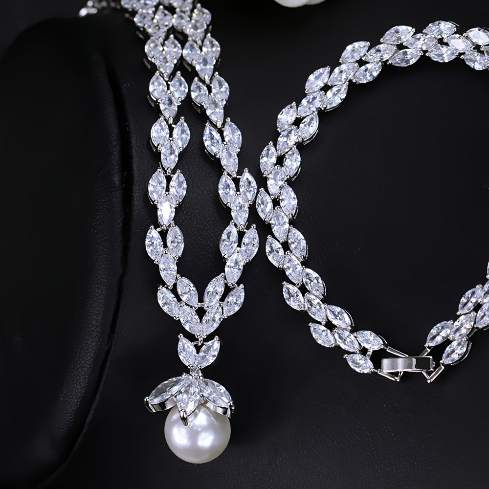 Bridal Jewelry Set with Pearl Pendant Necklace and Earrings Synthetic Cubic Zirconia White