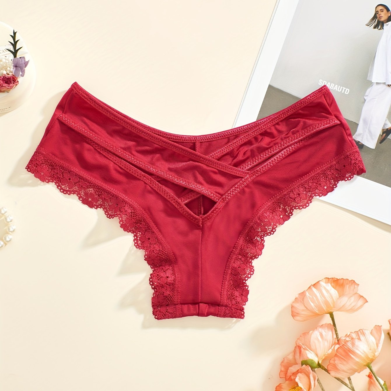Women's Lace Trim Hipster Panties with Cross Hollow Out Breathable Underwear