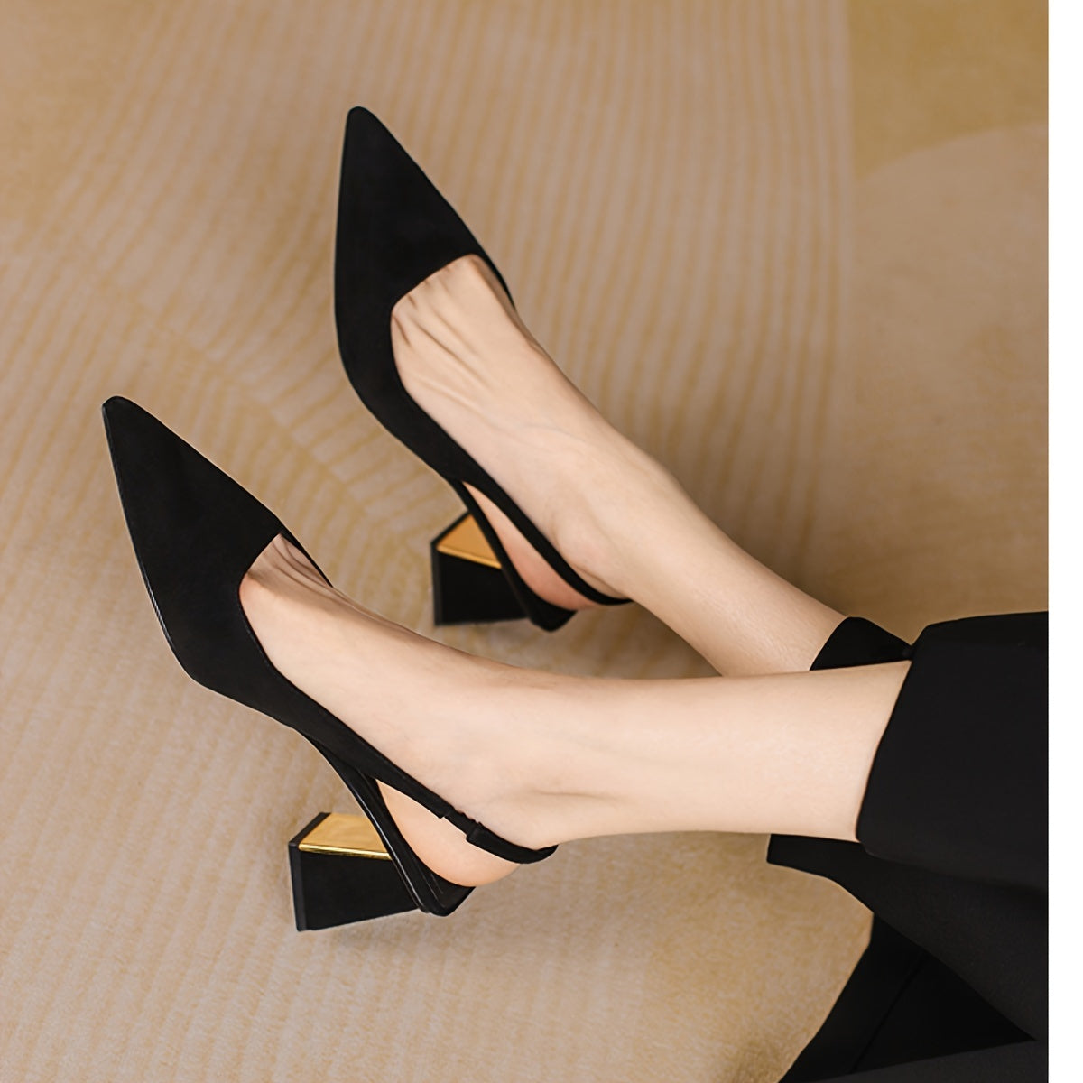 Women's Pointed Toe Block Heel Pumps with Fabric Upper and Rubber Sole