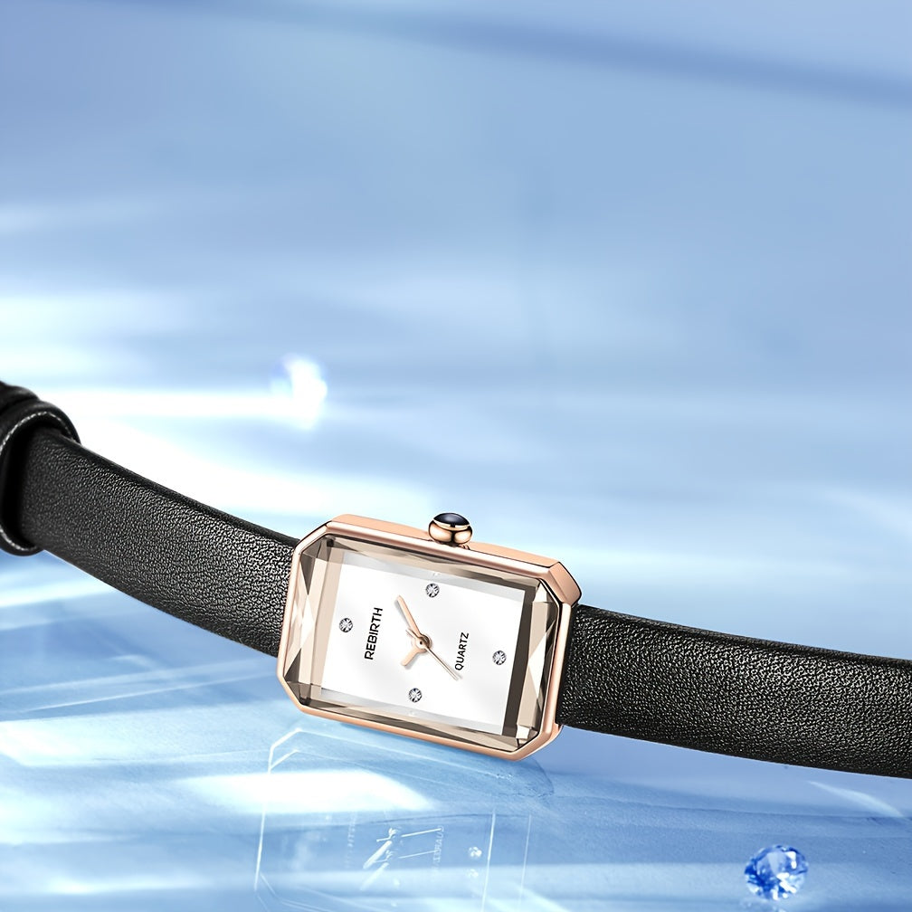 Women's Square Quartz Watch with Rhinestone Accents Faux Leather Band and Non-Rechargeable Battery