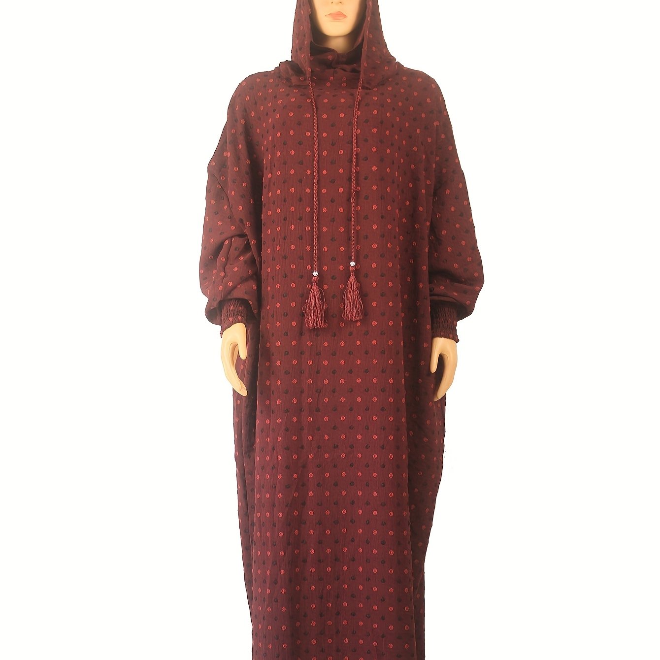 Women's Red Polka Dot Maxi Abaya Modest Dress with Hood and Lantern Sleeves
