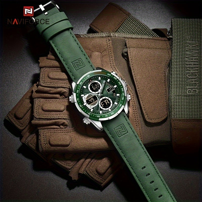 Men's Sports Quartz Watch Waterproof Leather Dual Display Chronograph Tachymeter Green Accents