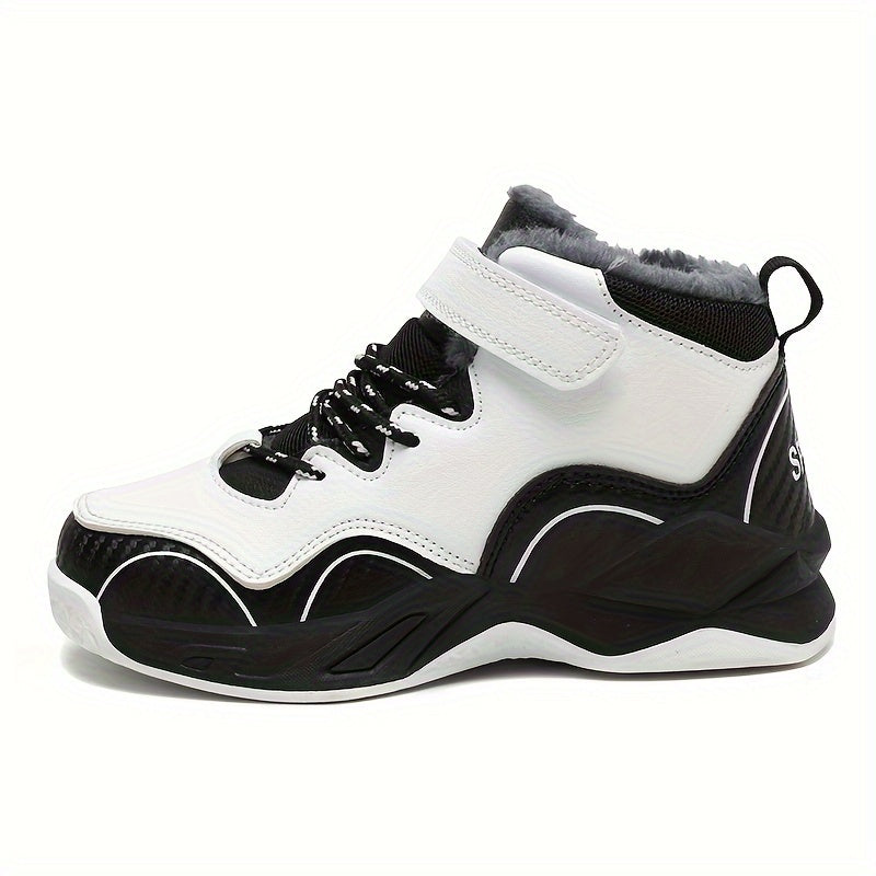 Kids Winter Basketball Sneakers High-Top Fleece-Lined Non-Slip Casual Outdoor Black White