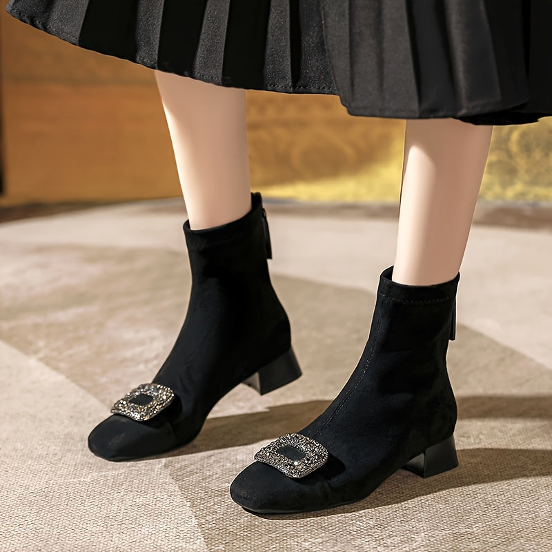 Women's Faux Leather Mid-Heel Boots with Rhinestone Buckle and Zipper