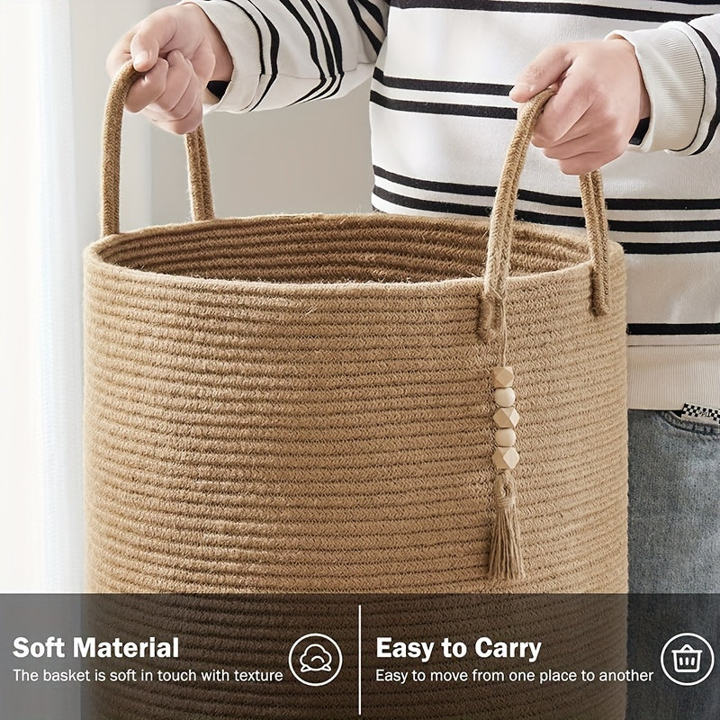 Jute Rope Woven Laundry Basket 58L Collapsible Storage Bin for Clothes and Blankets
