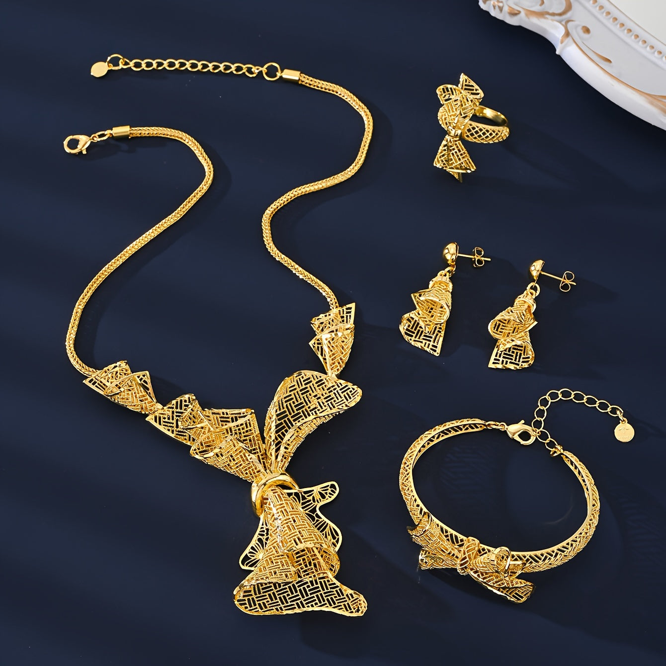 Vintage Copper Jewelry Set Women Wedding Gift Dangle Earrings Ring Necklace Hollow Butterfly