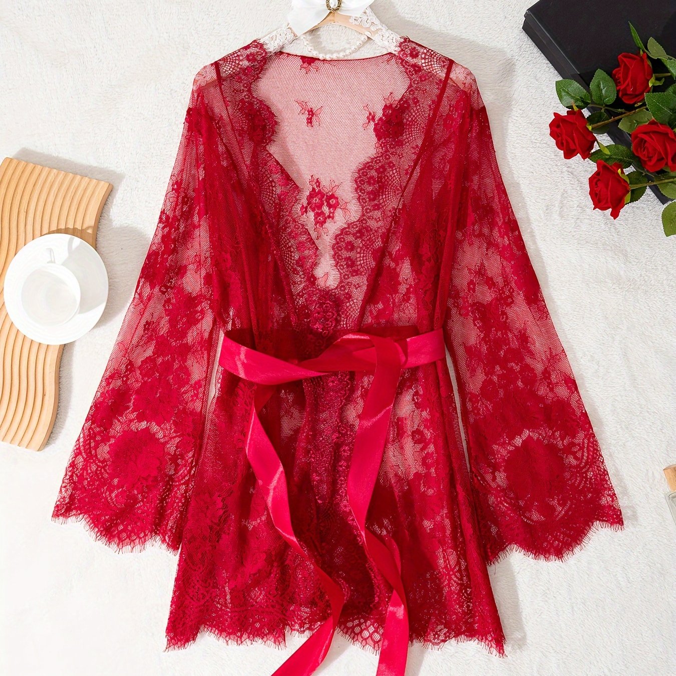 Red Lace Nightgown for Women with Tie Belt and Long Sleeves