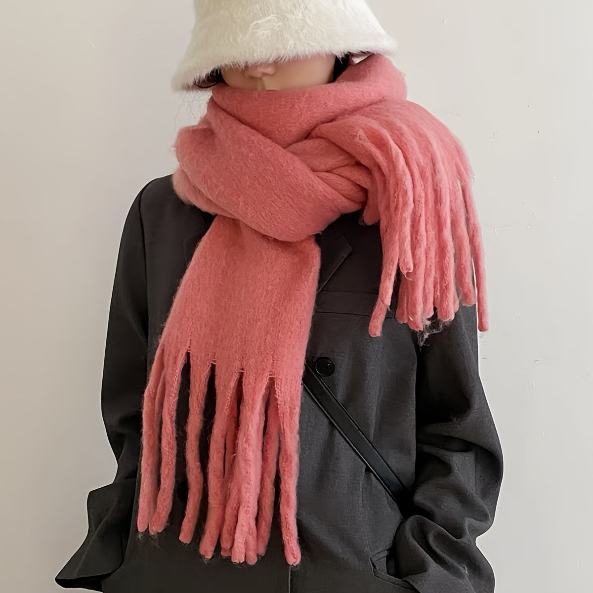 Women's Cozy Plush Solid Color Scarf with Tassels Warm Windproof Winter Shawl