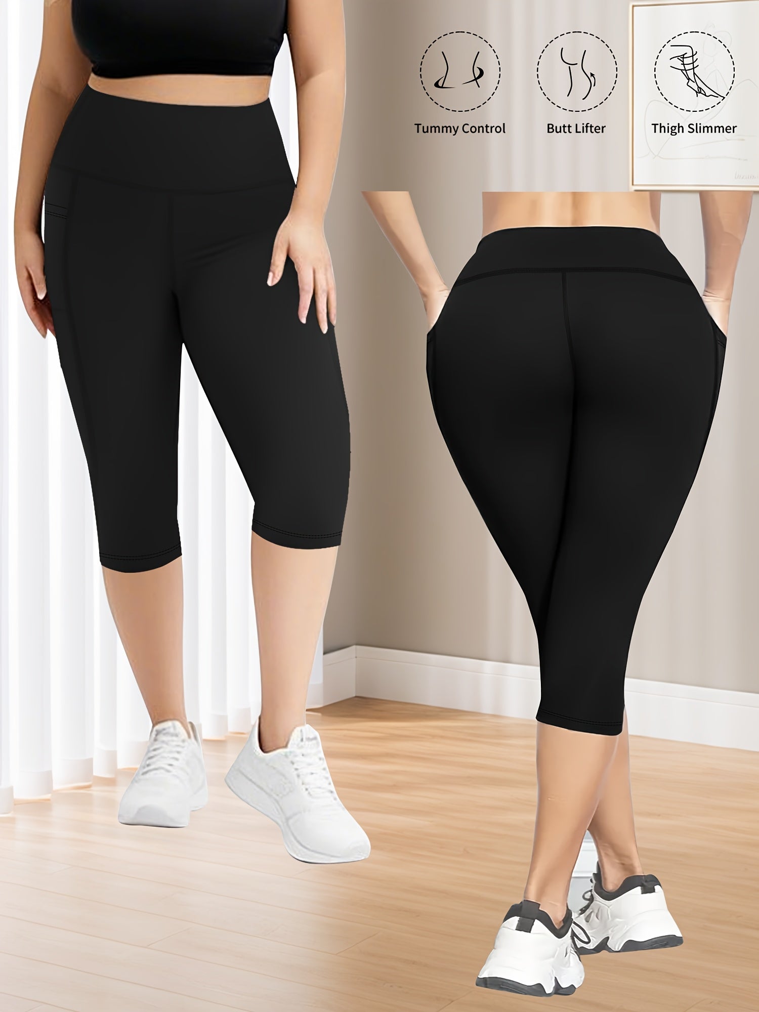 Plus Size Women's Yoga Pants High Waist Pocket Biker Shorts Tummy Control