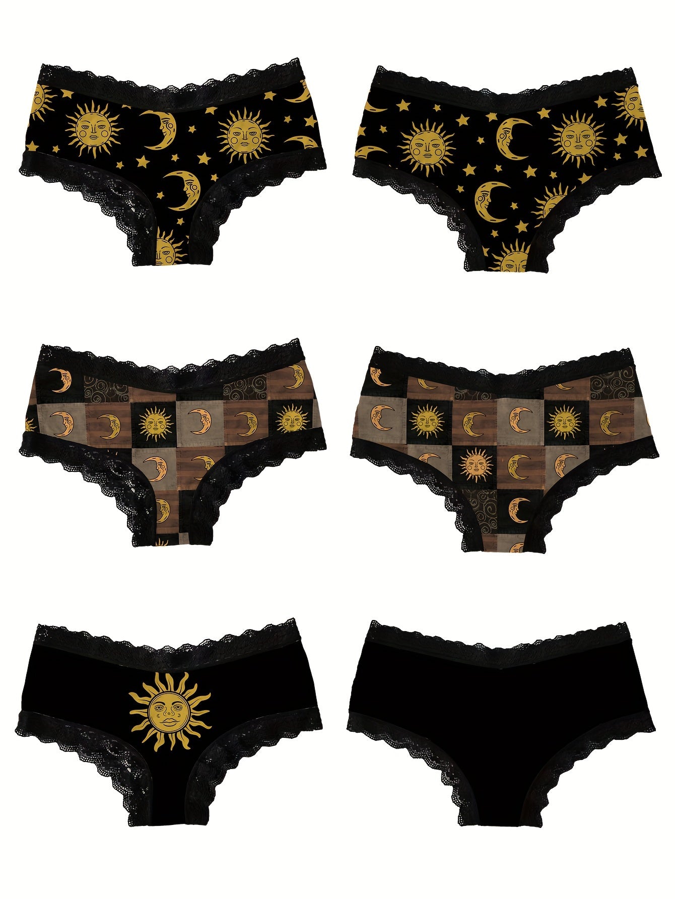 Women's Briefs Set of 3 Moon and Sun Print Lace Trim Breathable Stretchy Underwear