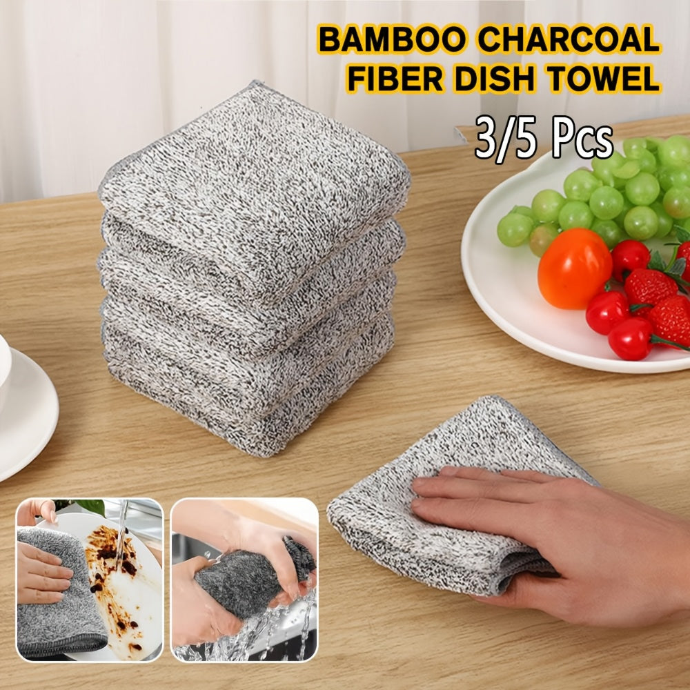 Gray Bamboo Charcoal Fiber Dish Towels Pack of 3 Absorbent Microfiber Cleaning Cloths