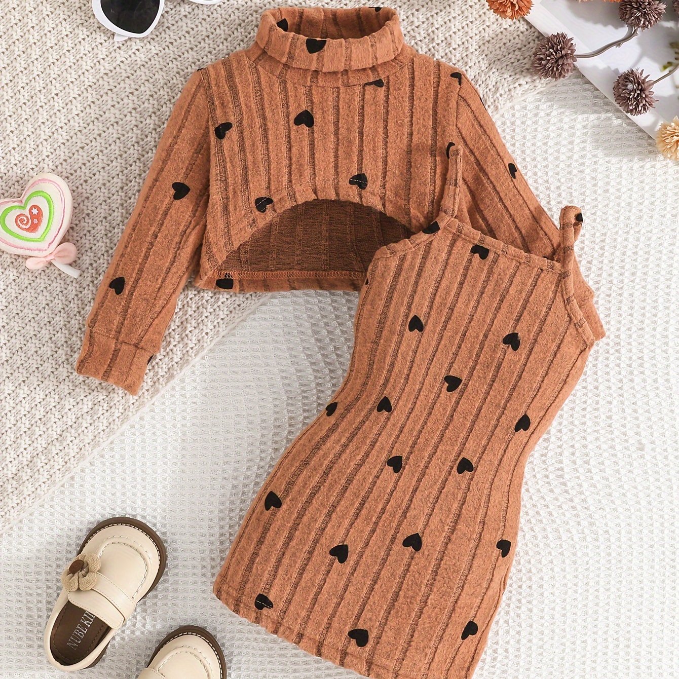 Baby Girl Outfit Set Rib Knit Dress with Geometric Pattern Long Sleeve Top and Slim Fit Camisole Dress for Spring Fall
