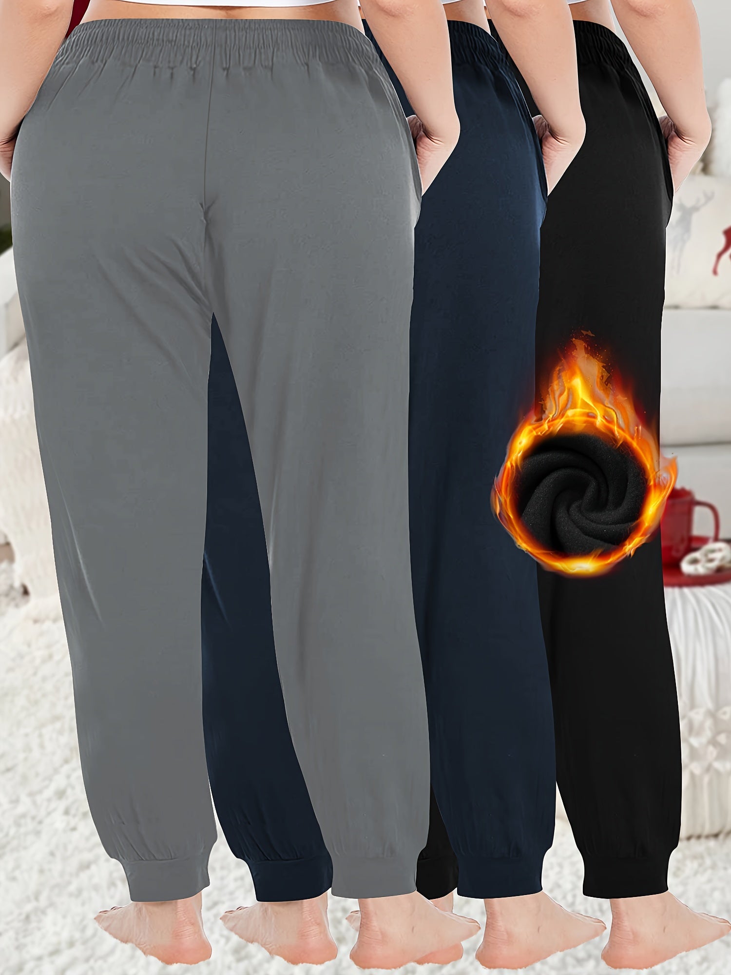 Plus Size Jogger Pants 3 Pack High Stretch Drawstring Waist Solid Cold Weather