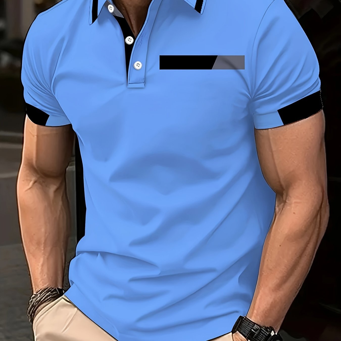 Men's Short Sleeve Bright Pink Shirt with Black and White Collar for Summer Outdoor Activities