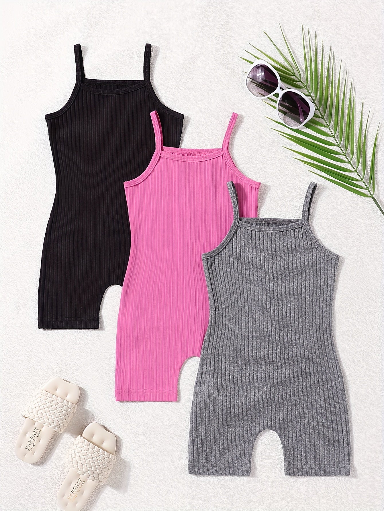Girls' Summer Ribbed Cami Jumpsuit Set 3-Pack Solid Colors Casual Outdoor